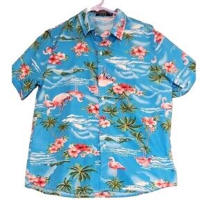 SSLR Hawaiian Shirt Mens Size Small‎ Blue Flamingo Short Sleeve Resort Vacation